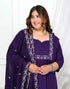 Miravan Womens Plus Size Cotton Purple A Line Kurta With Embroidered Neck And Palazzo With Embroidered Dupatta Set