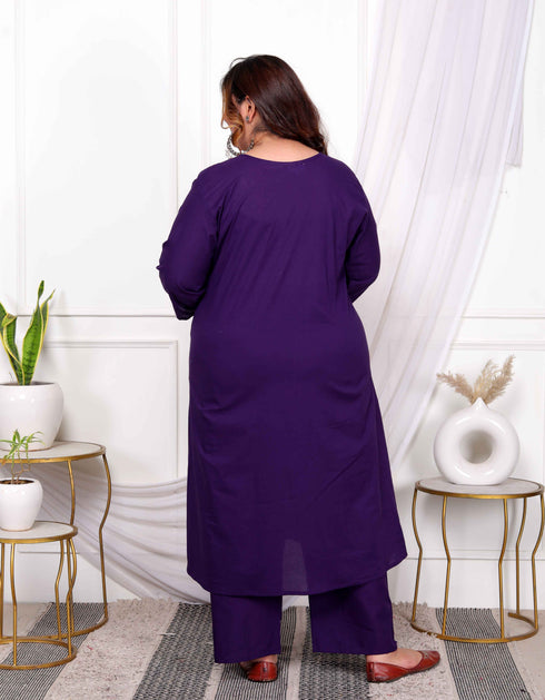 Miravan Womens Plus Size Cotton Purple A Line Kurta With Embroidered Neck And Palazzo With Embroidered Dupatta Set