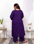 Miravan Womens Plus Size Cotton Purple A Line Kurta With Embroidered Neck And Palazzo With Embroidered Dupatta Set