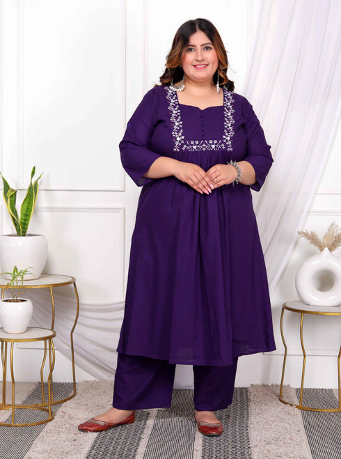 Miravan Womens Plus Size Purple Embroidered Sweetheart Neck and Accordion Pleated Solid A Line Kurta And Palazzo Set