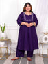Miravan Womens Plus Size Purple Embroidered Sweetheart Neck and Accordion Pleated Solid A Line Kurta And Palazzo Set