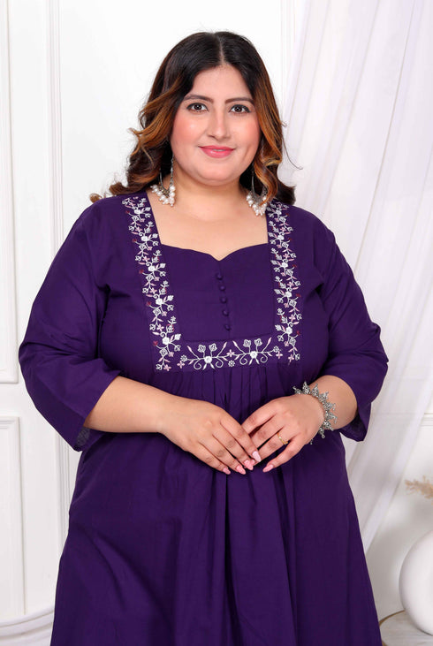 Miravan Womens Plus Size Purple Embroidered Sweetheart Neck and Accordion Pleated Solid A Line Kurta And Palazzo Set