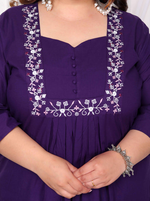 Miravan Womens Plus Size Purple Embroidered Sweetheart Neck and Accordion Pleated Solid A Line Kurta And Palazzo Set