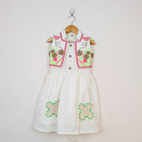 Bachpan kids wear Off-White Folk-Embroidered Dress & Waistcoat Vest Set