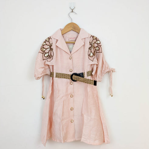 Bachpan kids wear Elegant Blush Peach Sequined Shirt Dress with Woven Belt