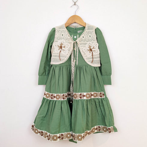 Bachpan kids wear Vintage-Style Sage Green Tiered Dress & Crochet Vest Set