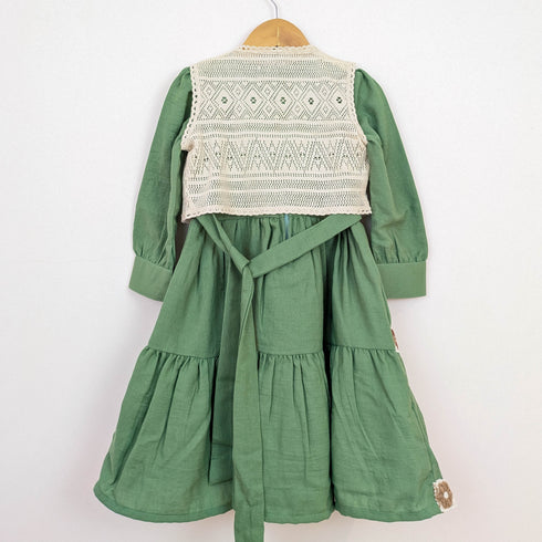 Bachpan kids wear Vintage-Style Sage Green Tiered Dress & Crochet Vest Set