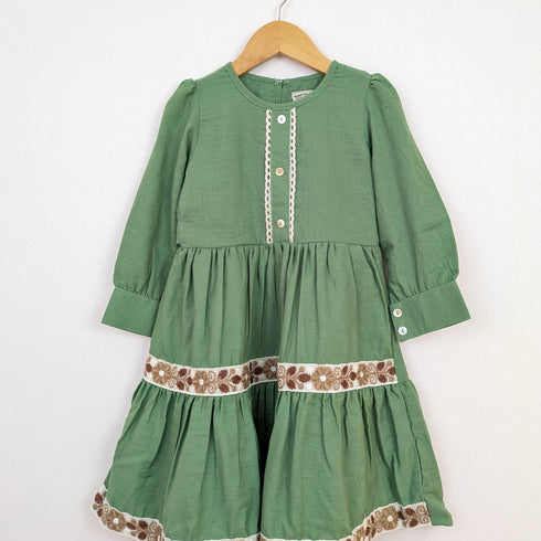 Bachpan kids wear Vintage-Style Sage Green Tiered Dress & Crochet Vest Set