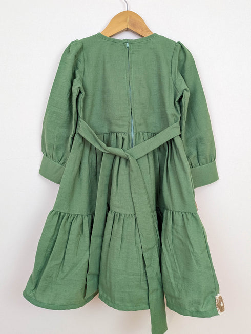 Bachpan kids wear Vintage-Style Sage Green Tiered Dress & Crochet Vest Set