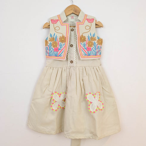 Bachpan kids wear Beige Folk-Embroidered Dress & Waistcoat Vest Set