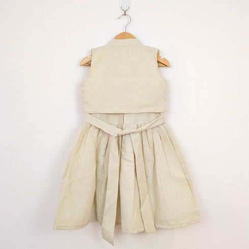 Bachpan kids wear Beige Folk-Embroidered Dress & Waistcoat Vest Set