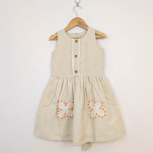 Bachpan kids wear Beige Folk-Embroidered Dress & Waistcoat Vest Set