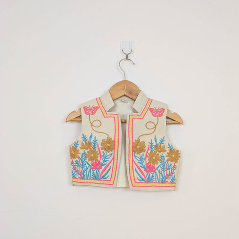 Bachpan kids wear Beige Folk-Embroidered Dress & Waistcoat Vest Set