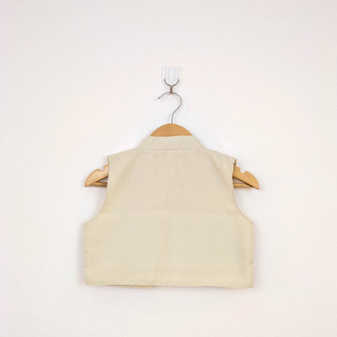 Bachpan kids wear Beige Folk-Embroidered Dress & Waistcoat Vest Set