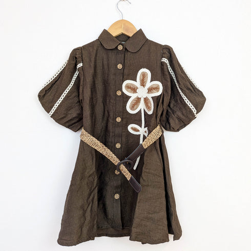 Bachpan kids wear Brown Floral Appliqué Shirt Dress