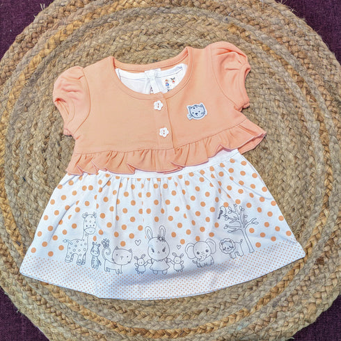 Bachpan kids wear Baby Girls Two-Piece Animal & Polka Dot Dress Set (Peach)