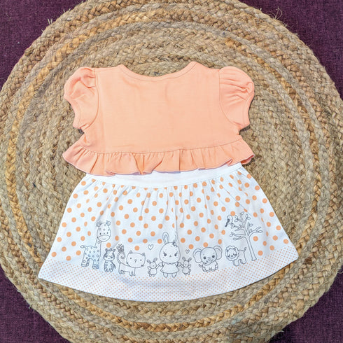 Bachpan kids wear Baby Girls Two-Piece Animal & Polka Dot Dress Set (Peach)