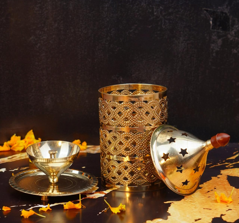 Servdharm Decorative Brass Jali Akhand Diya 6 Inches With Gift Box | 198g | Housewarming/Return Gift