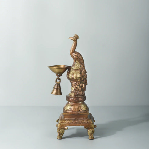 Samskara Home Peacock Brass Oil Lamp With Bell