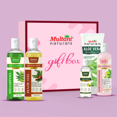 Multani Pharmaceuticals Limited Multani Naturals Perfect Hair Care Gift Set for Every Occasion Neem & Aloevera Shampoo Amla & Bhringraj Conditioner Shikakai & Tulsi Hair Oil Aloe Vera Gel Hair Serum