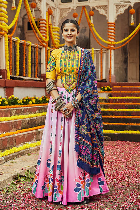 Shubhkala Pink Maslin Cotton Digital Printed Mirror Pasting Navratri Lehenga
