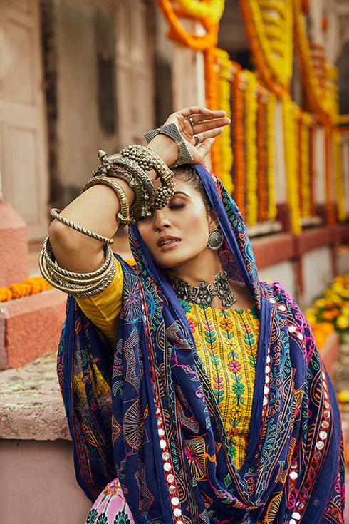 Shubhkala Pink Maslin Cotton Digital Printed Mirror Pasting Navratri Lehenga