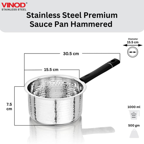 Vinod Stainless Steel Premium Hammered Sauce Pan Heavy Gauge 1000 ml Milk Pan Tea Pan Induction and Gas Stove Compatible Dishwasher Safe Durable Tea Pot for Kitchen No 10