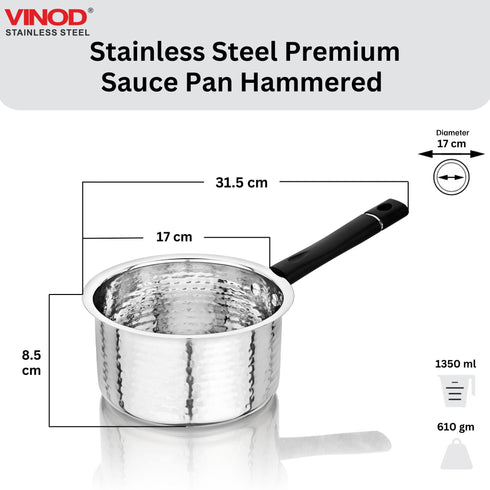 Vinod Stainless Steel Premium Hammered Sauce Pan Heavy Gauge 1350 ml Milk Pan Tea Pan Induction and Gas Stove Compatible Dishwasher Safe Durable Tea Pot for Kitchen No 11