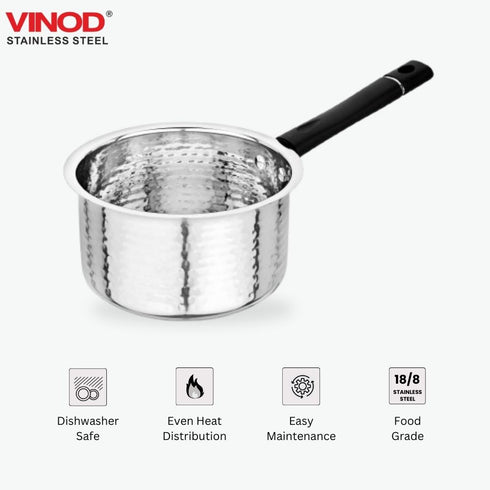 Vinod Stainless Steel Premium Hammered Sauce Pan Heavy Gauge 675 ml Milk Pan Tea Pan Induction and Gas Stove Compatible Dishwasher Safe Durable Tea Pot for Kitchen No 9