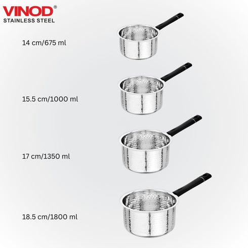 Vinod Stainless Steel Premium Hammered Sauce Pan Heavy Gauge 675 ml Milk Pan Tea Pan Induction and Gas Stove Compatible Dishwasher Safe Durable Tea Pot for Kitchen No 9