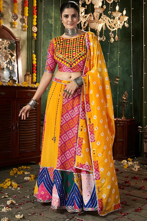 Shubhkala Print With Mirror Work Yellow Chaniya Choli For Navratri Special