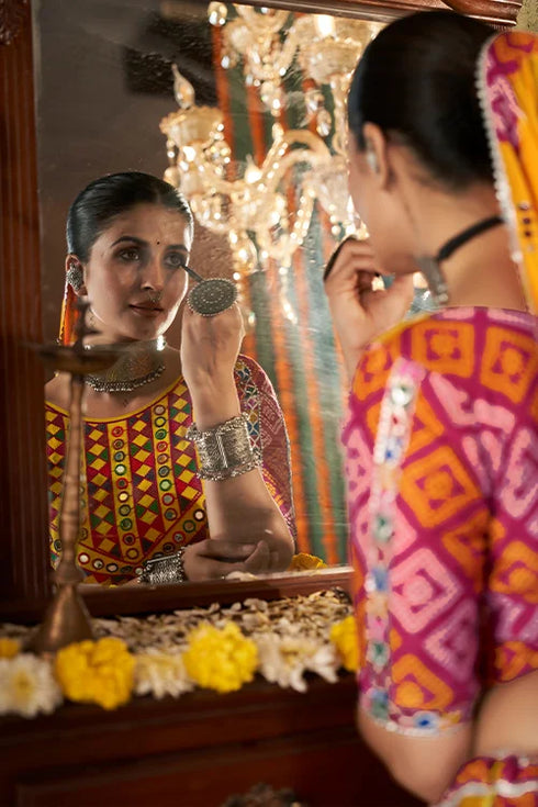 Shubhkala Print With Mirror Work Yellow Chaniya Choli For Navratri Special