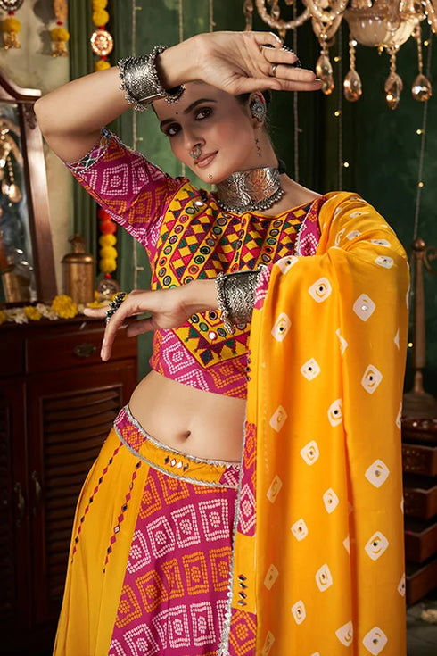 Shubhkala Print With Mirror Work Yellow Chaniya Choli For Navratri Special