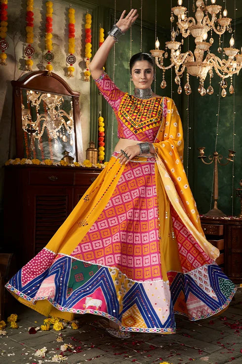 Shubhkala Print With Mirror Work Yellow Chaniya Choli For Navratri Special