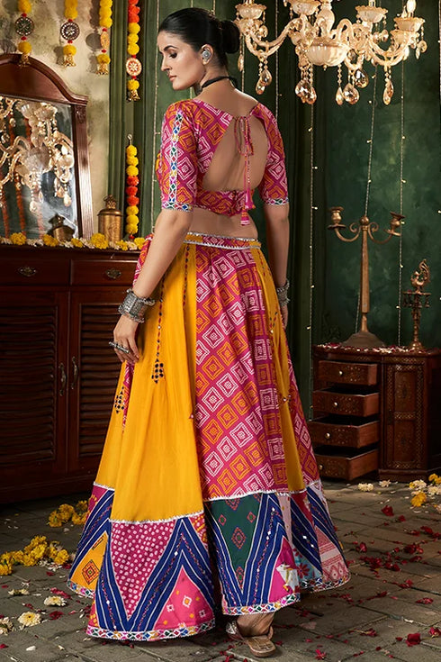 Shubhkala Print With Mirror Work Yellow Chaniya Choli For Navratri Special
