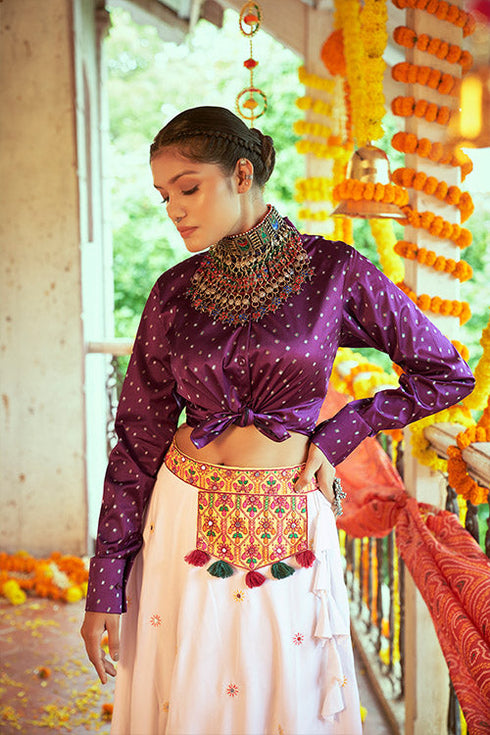 Shubhkala Purple Gajji Silk Prined Work Navratri Crop-Top Skirt