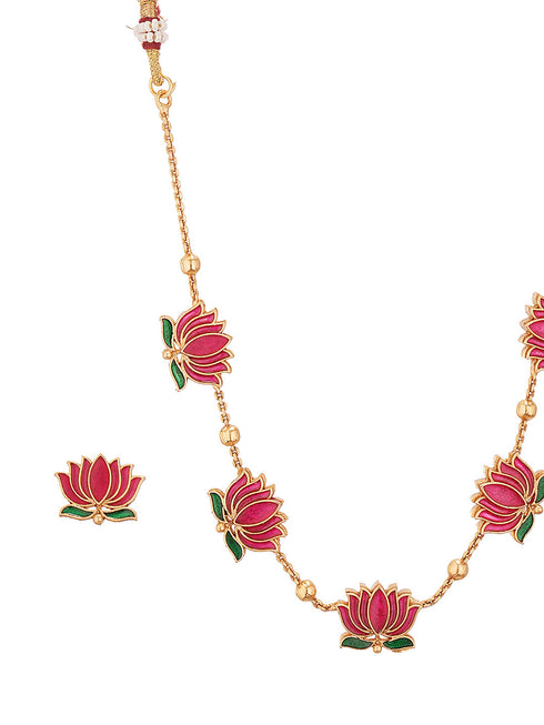 Elegant Lotus Motif Gold-Plated Necklace & Earrings Set