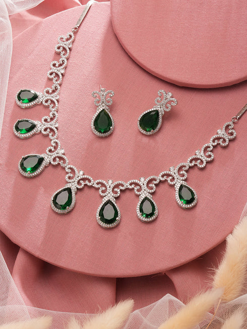 Silver Plated Emerald Green AD Studded Floral Statement Necklace Jewellery Set