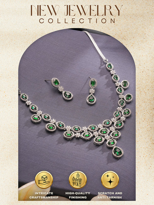 Silver Toned Emerald Green Zircon AD Studded Layered Bridesmaid Statement Jewellery Set