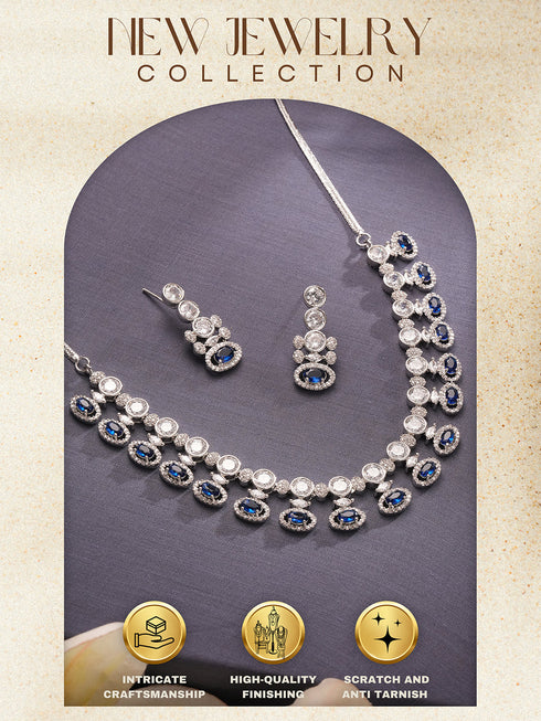 Silver Toned Sapphire Blue AD Studded Statement Delicate Necklace Jewellery Set