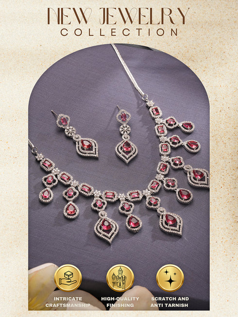 Silver Toned Ruby Red AD Studded Statement Bridal Layered Necklace Jewellery Set