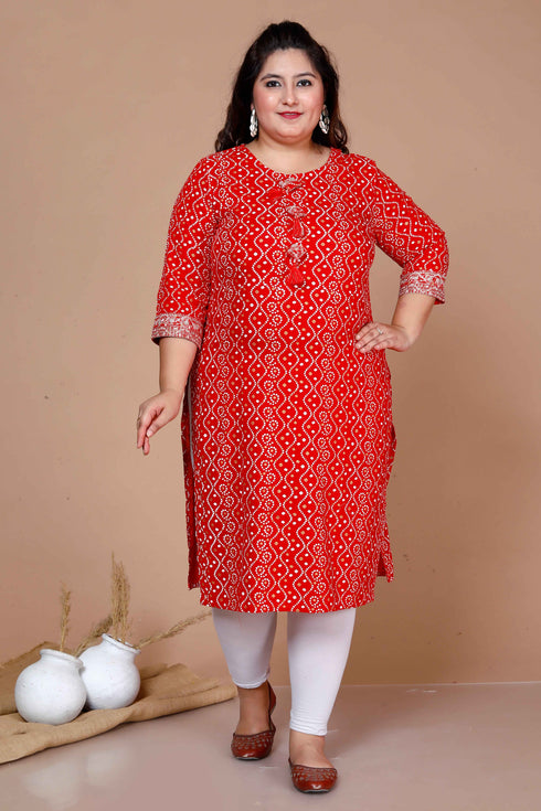 Miravan WomenS Plus Size Festive Wear Red Bandhani Printed Straight Kurta