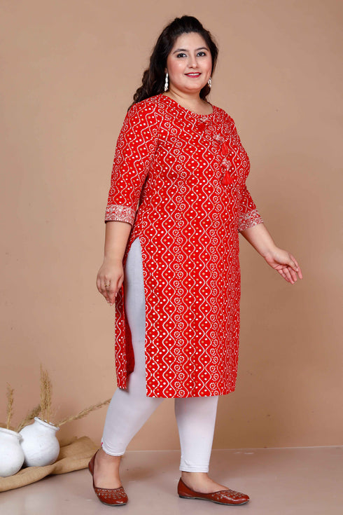 Miravan WomenS Plus Size Festive Wear Red Bandhani Printed Straight Kurta