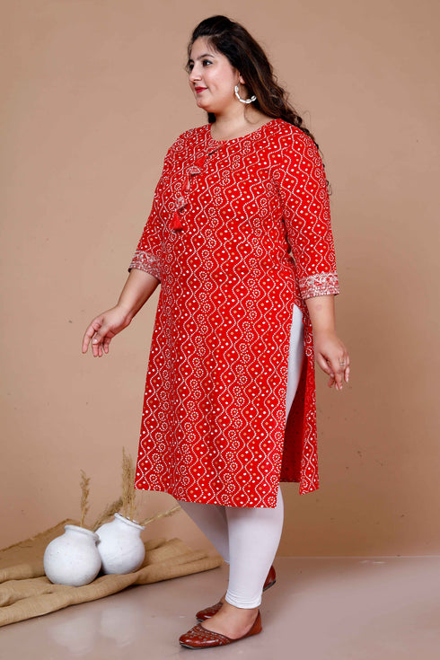 Miravan WomenS Plus Size Festive Wear Red Bandhani Printed Straight Kurta
