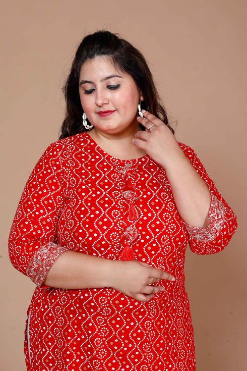 Miravan WomenS Plus Size Festive Wear Red Bandhani Printed Straight Kurta