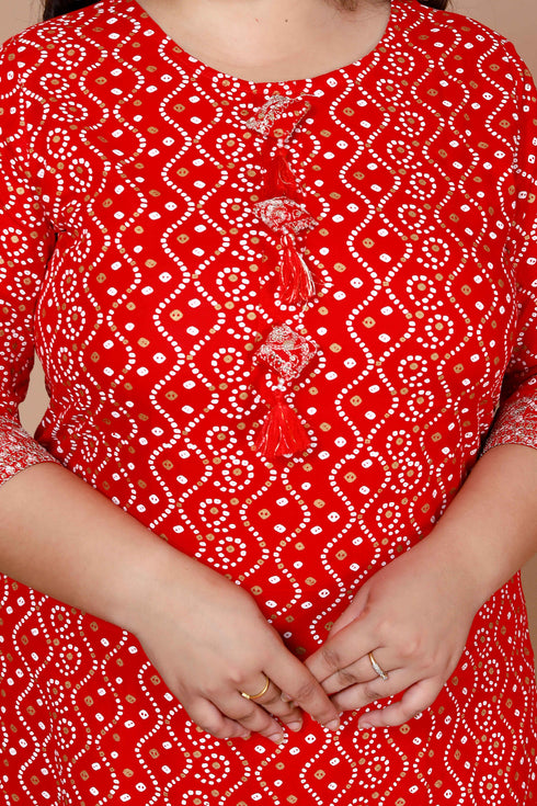 Miravan WomenS Plus Size Festive Wear Red Bandhani Printed Straight Kurta