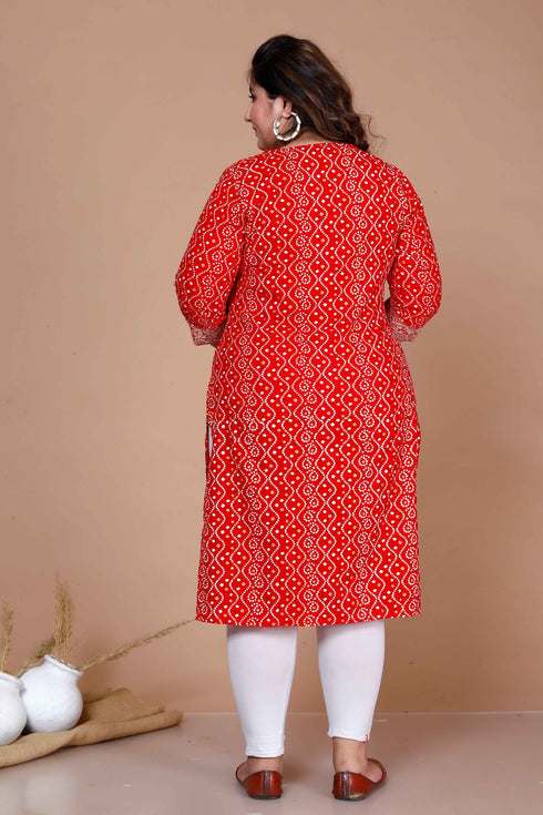 Miravan WomenS Plus Size Festive Wear Red Bandhani Printed Straight Kurta