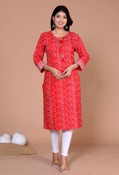 Miravan Womens Festive Wear Red Bandhani Printed Straight Kurti