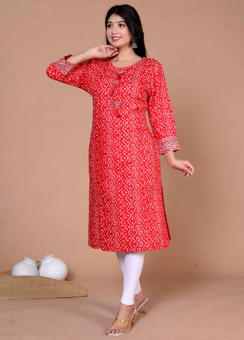 Miravan Womens Festive Wear Red Bandhani Printed Straight Kurti