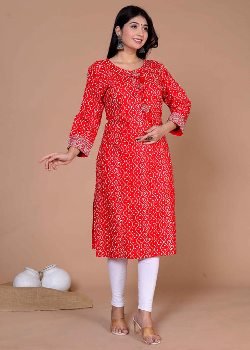 Miravan Womens Festive Wear Red Bandhani Printed Straight Kurti